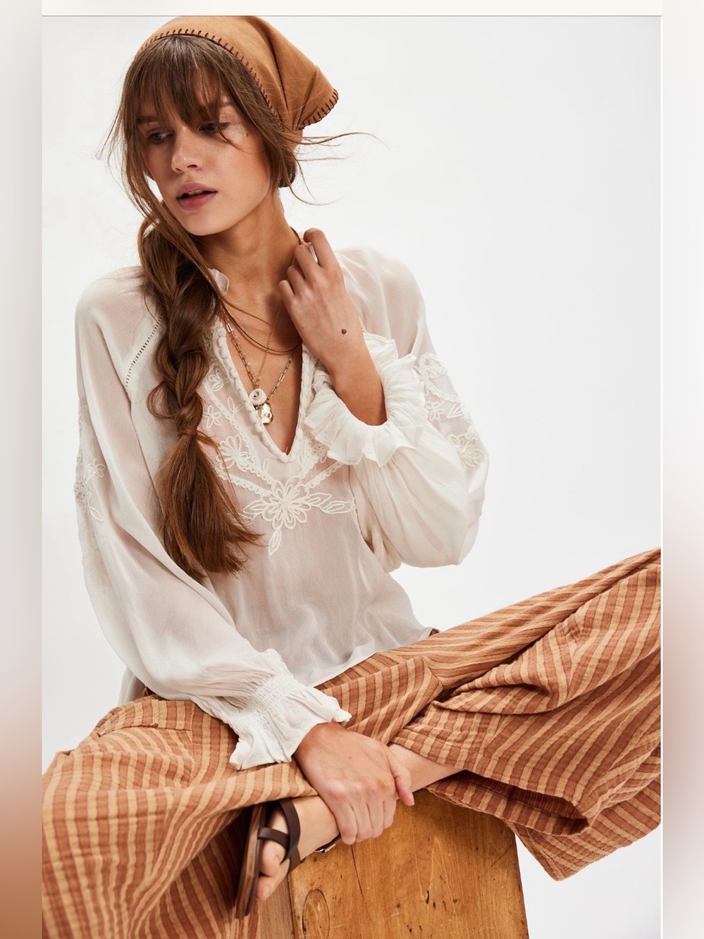 Free People Bali Dragon Lily Boho Embroidered Peasant Blouse  NWOT Clean Ivory 💕